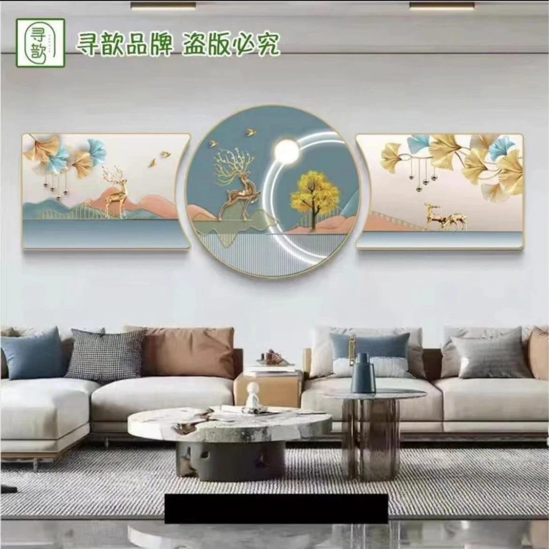 异形三联画【简约山水】客厅沙发背景墙真晶瓷镶钻客厅装饰画