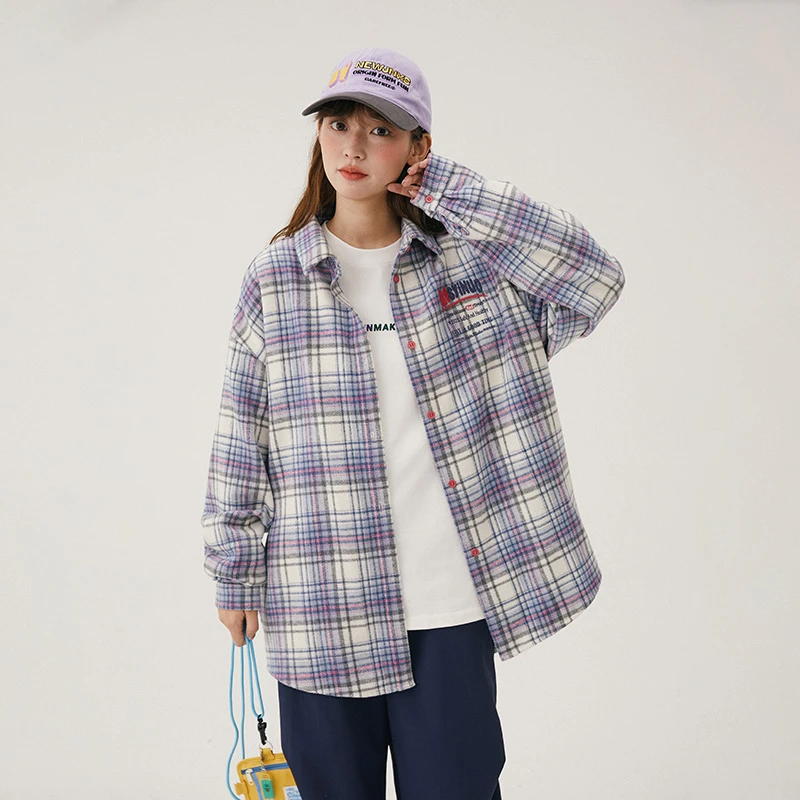 拼色格子衬衫女宽松女大童青少年休闲学院长袖衬衣C24CC0211C