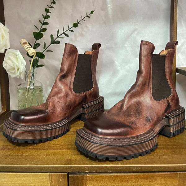 13cm头层缩纹手工时尚方头复古厚底马丁靴百搭女欧美风烟筒靴女