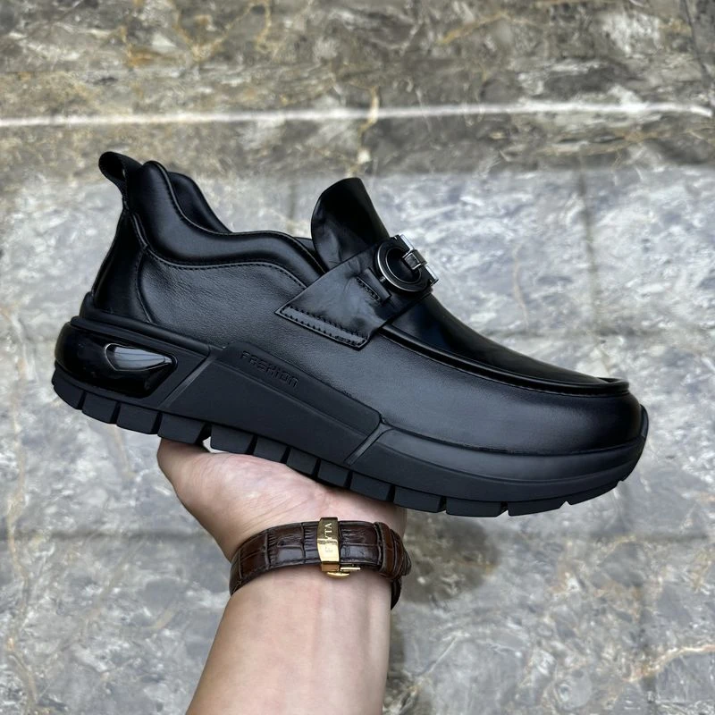 广州真皮男鞋高端牛皮休闲商务皮鞋套脚厚底百搭舒适增高软底耐磨