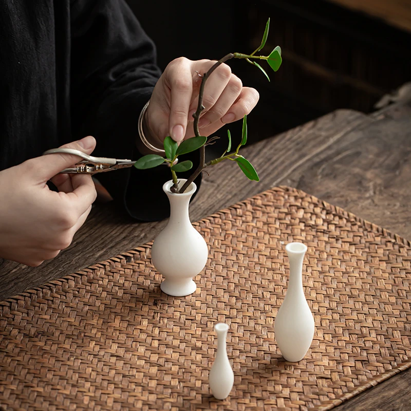 茶宠迷你白瓷小花器陶瓷花瓶禅意黄金葛铜钱草花插水培茶桌茶具摆