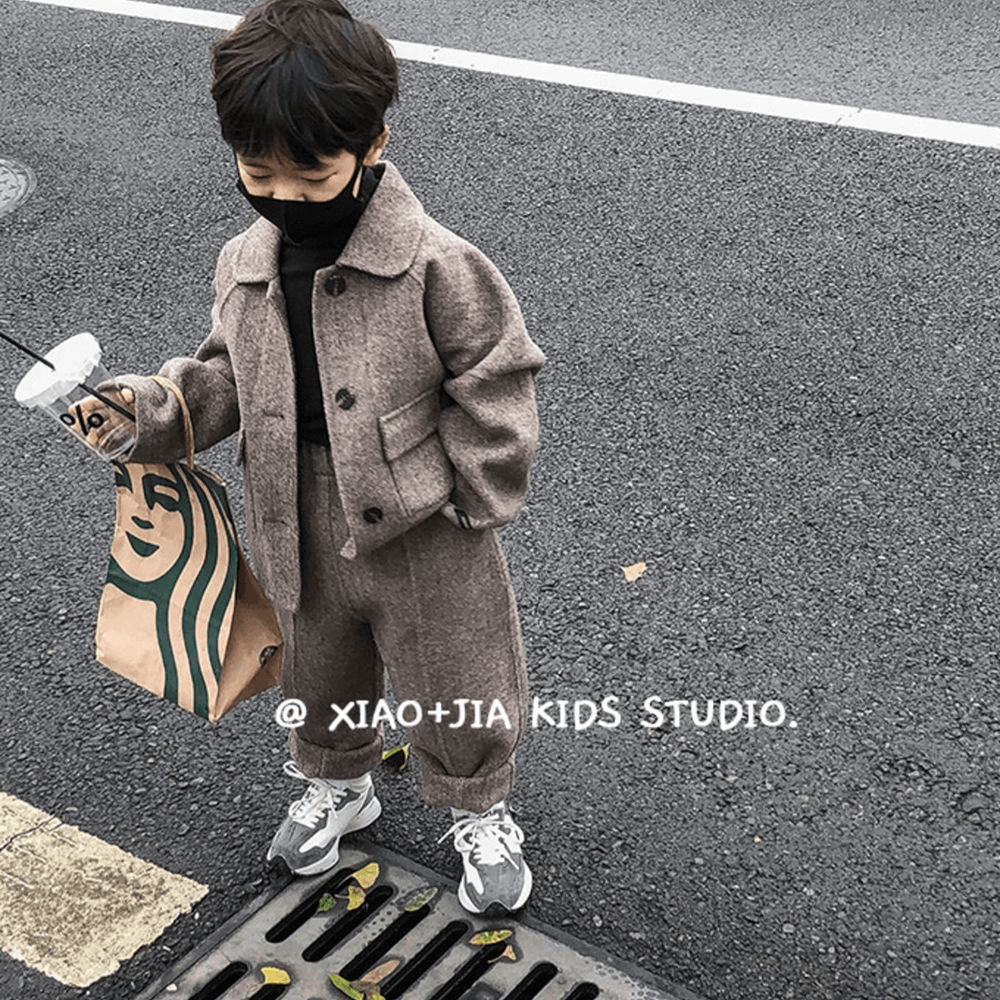 儿童小西装秋冬季英伦风休闲套装男女童呢大衣阔腿裤子两件套