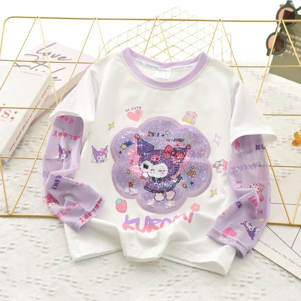 翻转亮片库洛米防晒t恤假两件冰袖女孩防蚊T拼接短袖女童长袖T恤