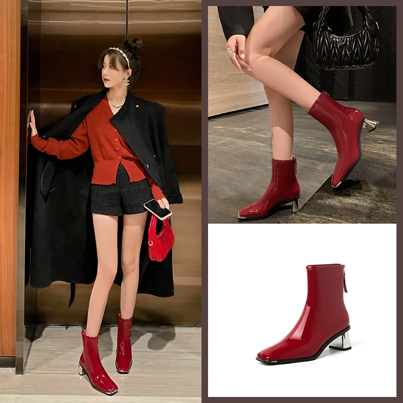 Van Gerch【跟高5CM】【真皮】2023新款高级显瘦时尚漆皮百搭粗跟女靴