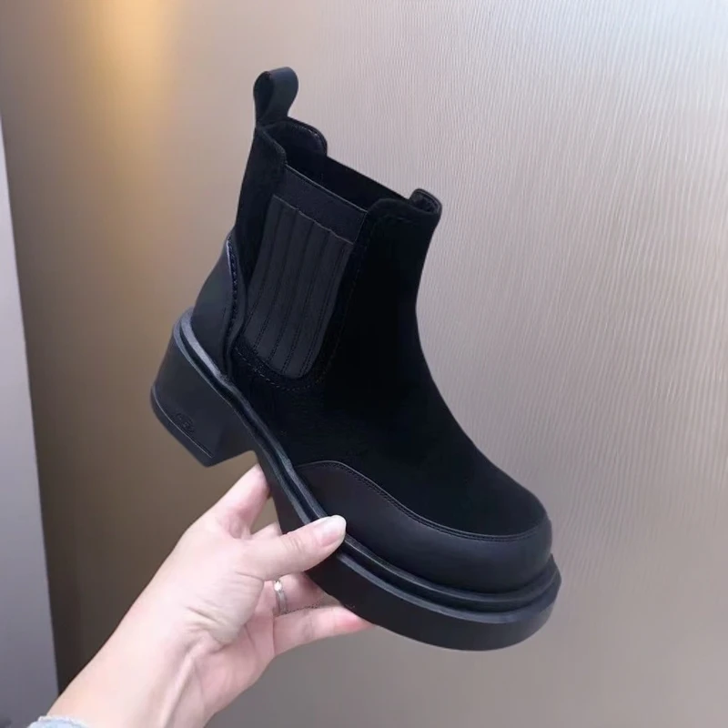 1387-A4-加绒新款高帮靴子女粗跟小短靴欧货时尚马丁靴英伦风