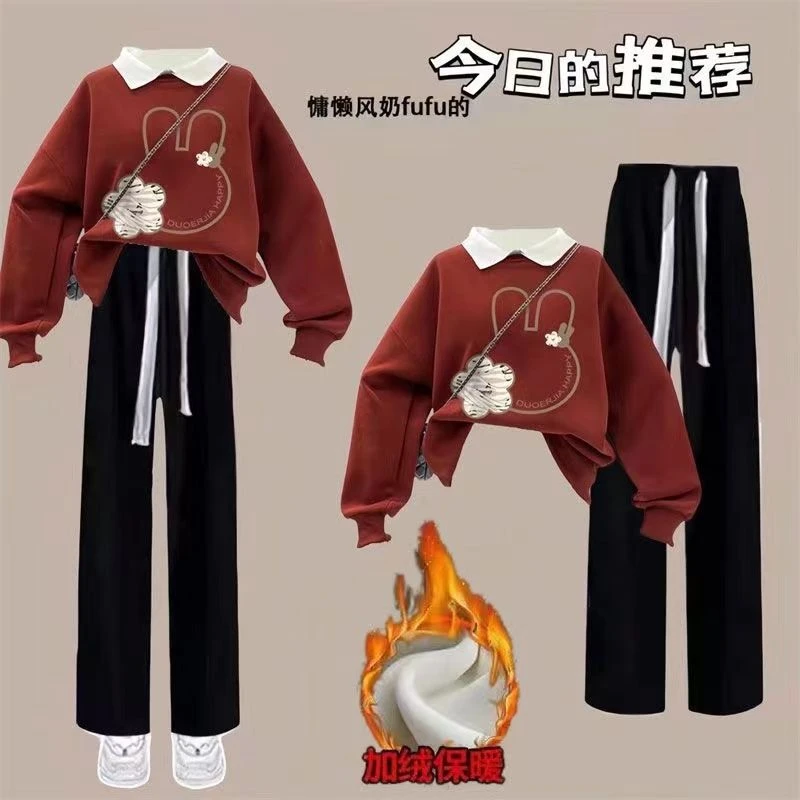 女童大童冬季加绒卫衣套装女polo衫加厚初中生可爱休闲风加绒显瘦