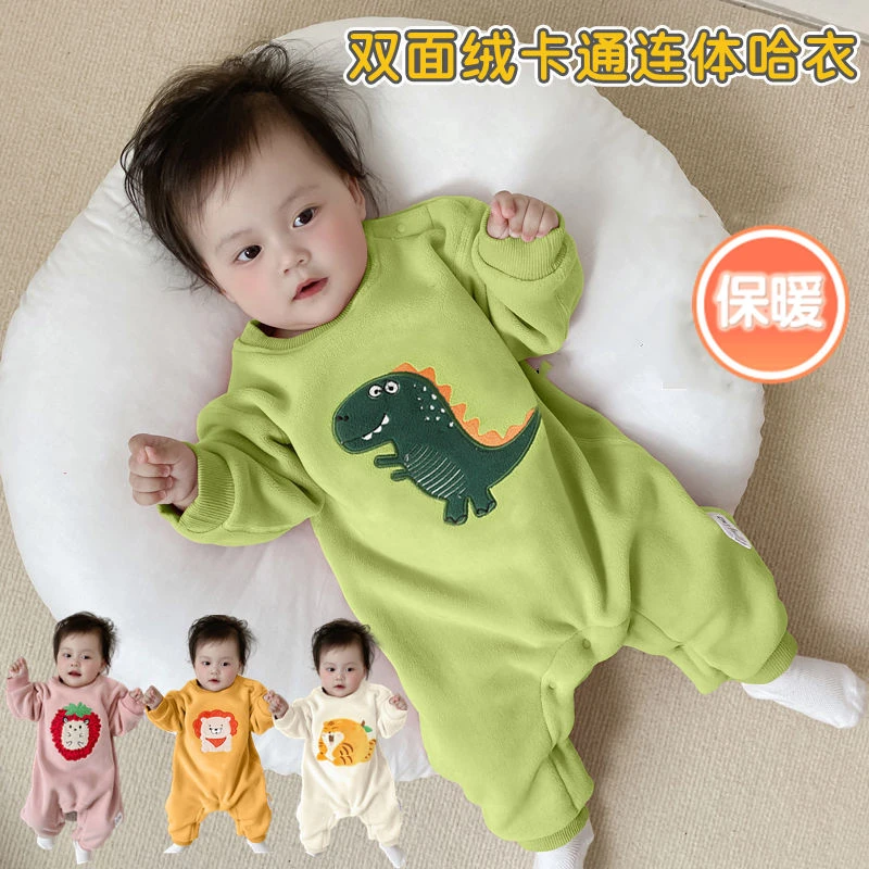 婴儿秋冬季双面绒加厚连体衣新生儿舒适保暖睡衣宝宝超萌可爱爬服