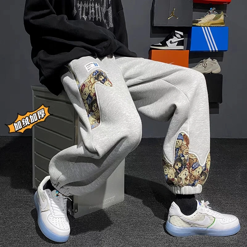 仓石一树新款秋冬季港风灰色加绒加厚卫裤男宽松休闲束脚潮牌青年