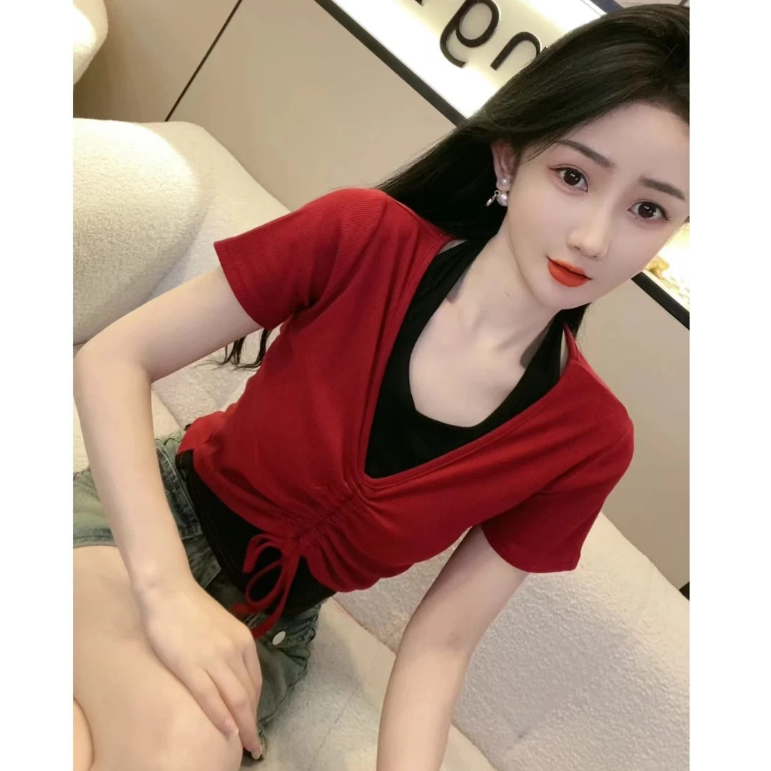 2024夏季新款撞色抽绳假两件短袖显瘦t恤女短款爆款甜辣修身上衣