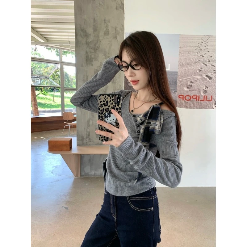 灰色不规则蝴蝶结露肩针织衫女装秋季小众修身内搭长袖打底衫上衣