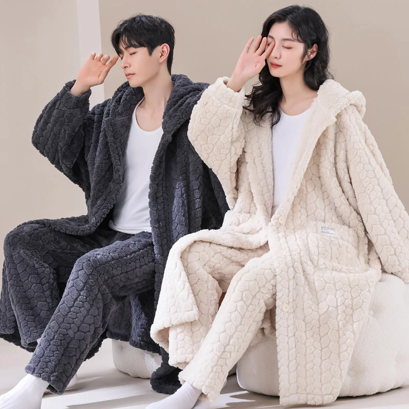 睡袍女秋冬季可爱珊瑚绒情侣睡衣男加厚加绒浴袍女长款家居服晨袍