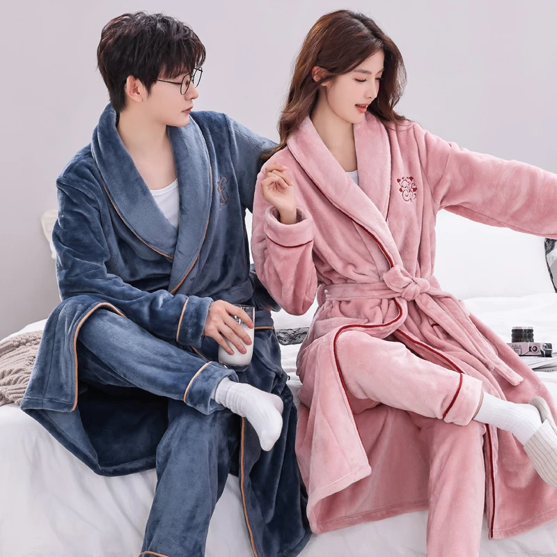 睡袍男秋冬季法兰绒情侣浴袍女长款珊瑚绒睡衣大码家居服男士晨袍
