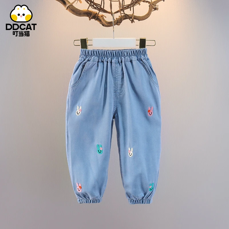叮当猫夏季女童牛仔裤薄款洋气儿童裤子休闲裤小童宝宝防蚊裤夏装