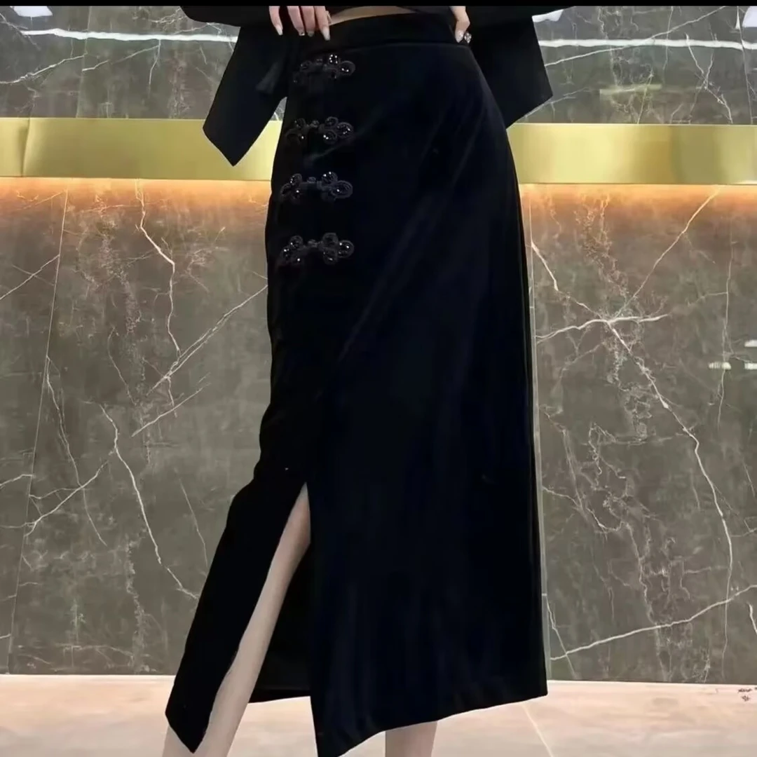 网红爆款高档包臀半身裙女秋冬新款时尚盘扣高贵气质开叉一步裙