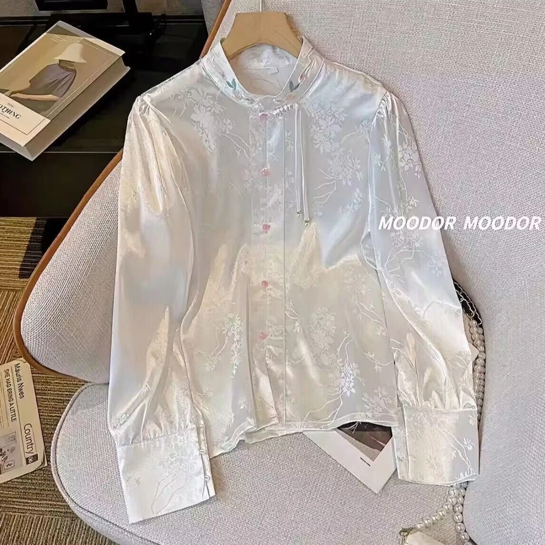 （十里桃花）中式国风复古高端时尚衬衣打底上衣白色百搭立领绣花