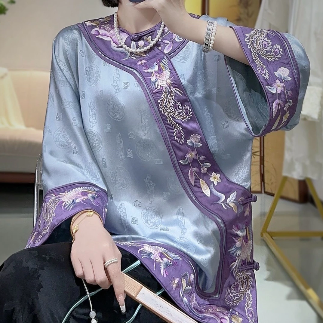 深圳设计复古国风新中式醋酸提花凤凰花朵圆领刺绣清宫太太服上衣