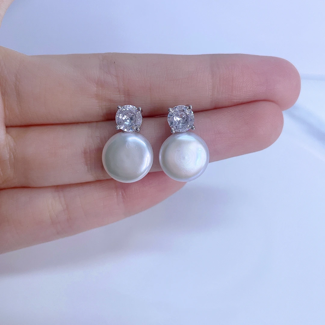 天然珍珠耳钉巴洛克镶钻纽扣戴妃轻奢时尚纯银耳钉气质百搭大珍珠