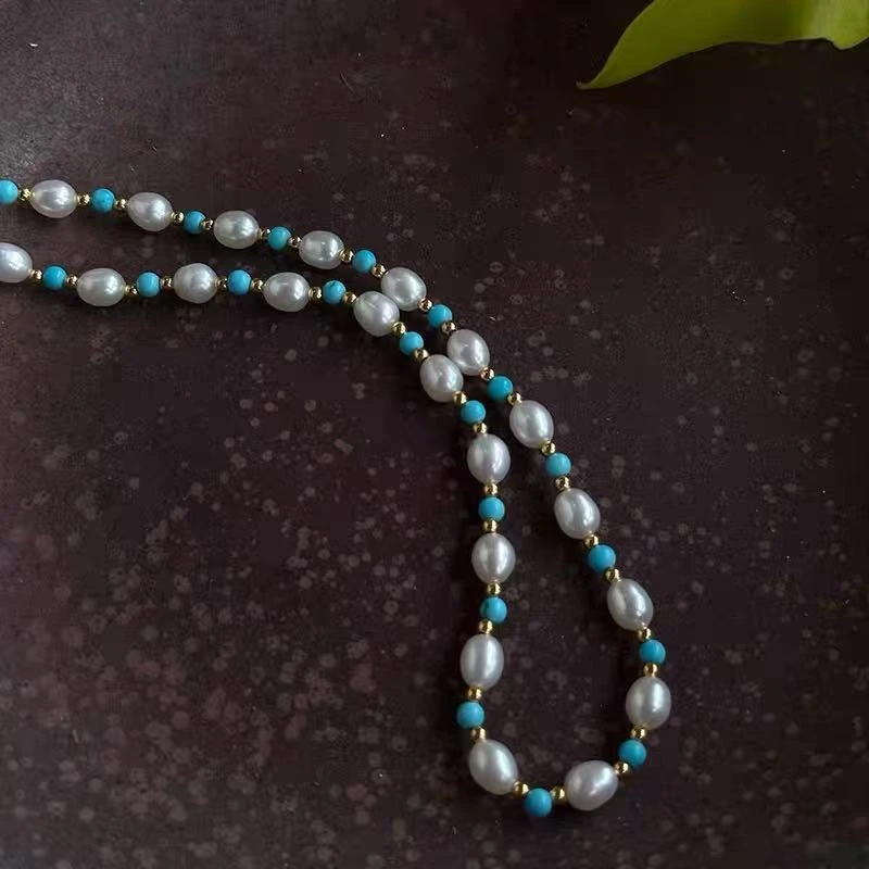 天然珍珠项链绿松石米珠强光项链显白轻奢百搭天然淡水珍珠颈链