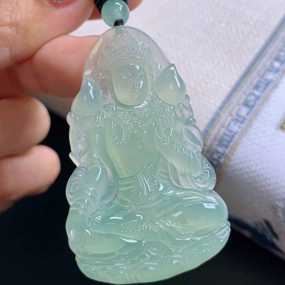 缅甸天然A货翡翠冰种晴绿度母观音吊坠揭阳精工雕手工雕55.3*65*5