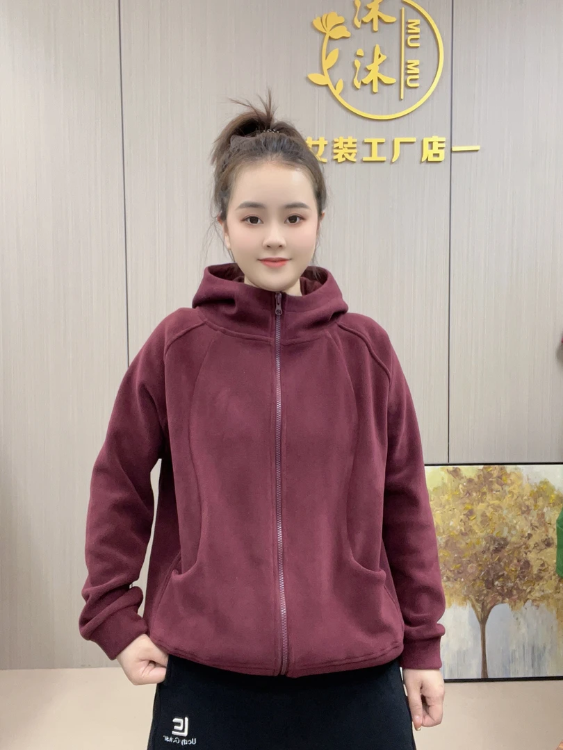 【沐沐】秋冬加绒加厚时尚休闲百搭宽松显瘦纯色双面澳粒绒连帽外套