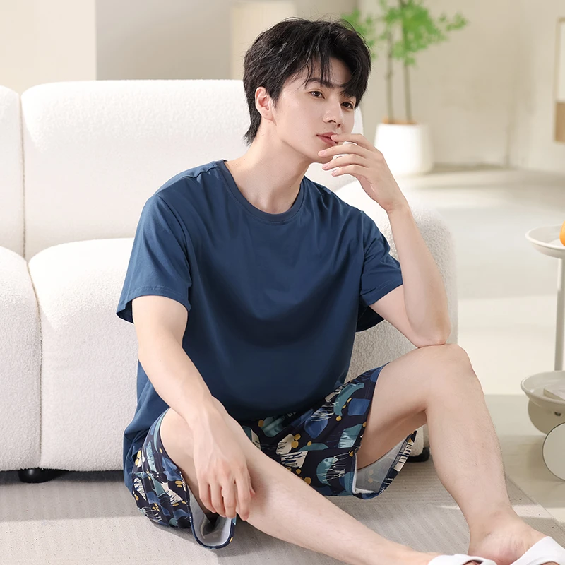 新款男士睡衣夏季薄款可外穿宽松休闲短款男夏天男款家居服套装