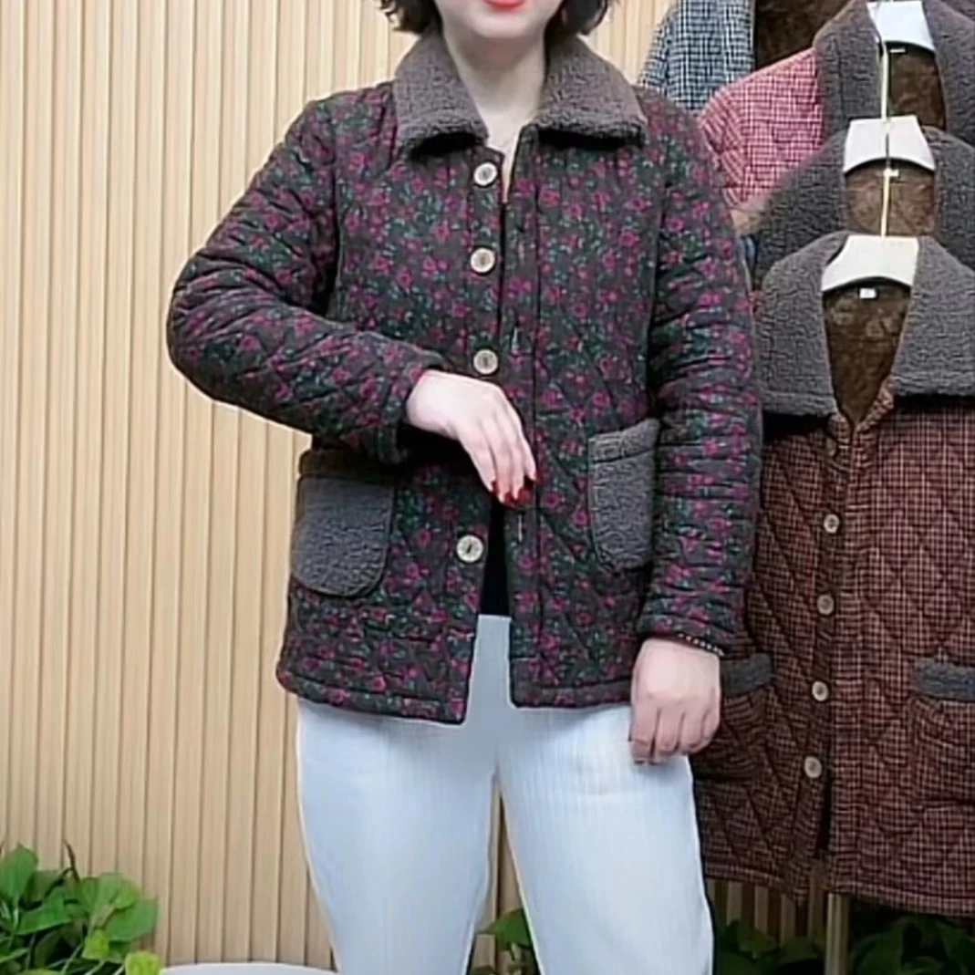 妈妈洋气碎花短款棉服中年女装秋冬装棉袄外套中老年加绒加厚棉衣