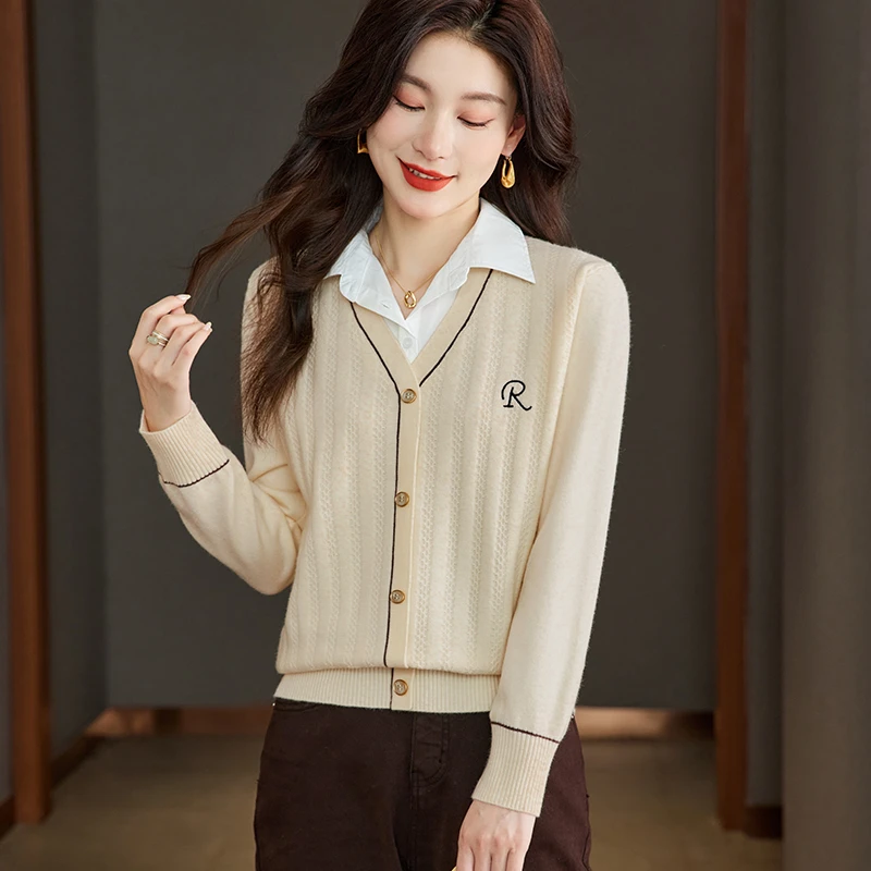 衬衫领假两件毛衣女2024春秋长袖宽松时尚百搭针织打底衫上衣5836