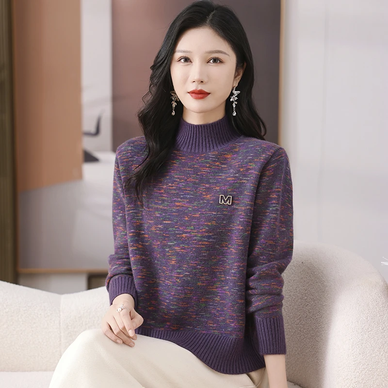 秋冬款时尚半高领花纱针织打底衫厚内搭宽松冬季短款毛衣35450