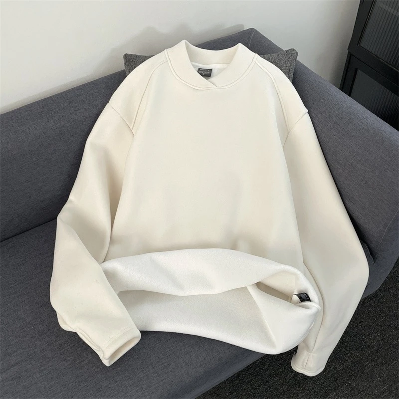 潮牌男秋冬季宽松圆领纯色卫衣男加绒打底情侣长袖T恤男圆领上衣