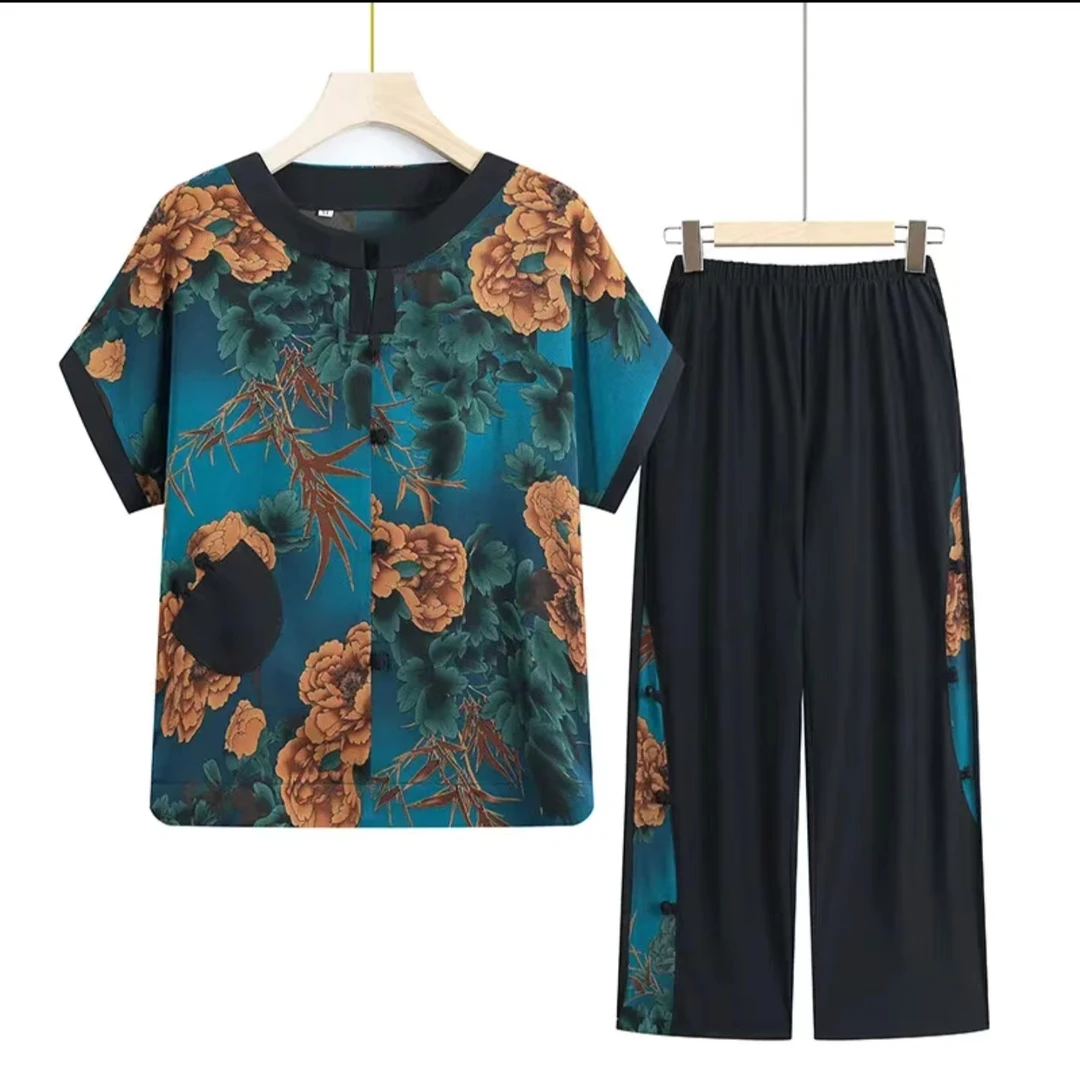 4161国风中老年夏款奶奶装两件套短袖T恤九分裤休闲妈妈宽松套装