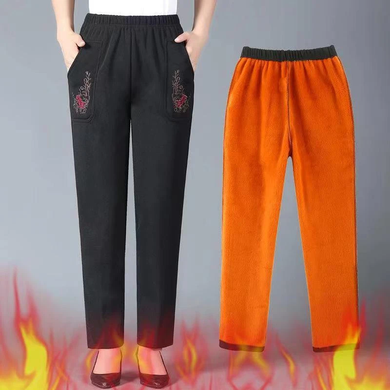 2292-冬季加绒妈妈休闲裤老年人刺绣保暖舒适长裤子