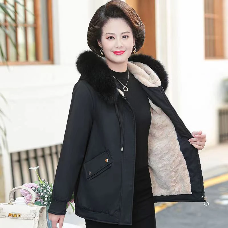 130-中老年冬季棉衣女加绒加厚妈妈派克服连帽新款棉袄