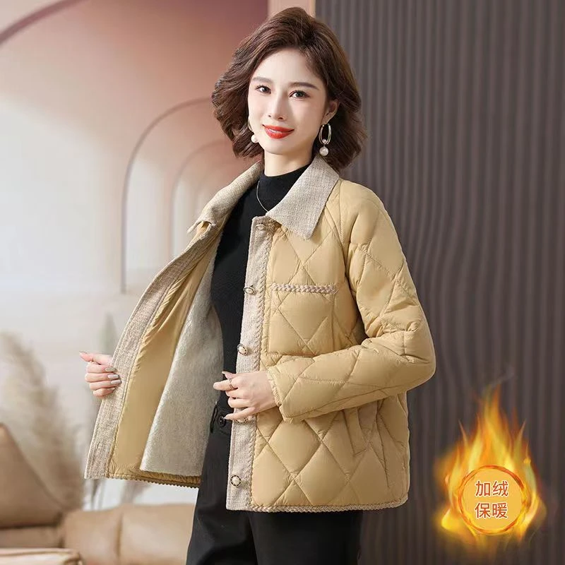 2516冬季加绒加厚轻薄保暖女士纯色翻领棉服(客梯)