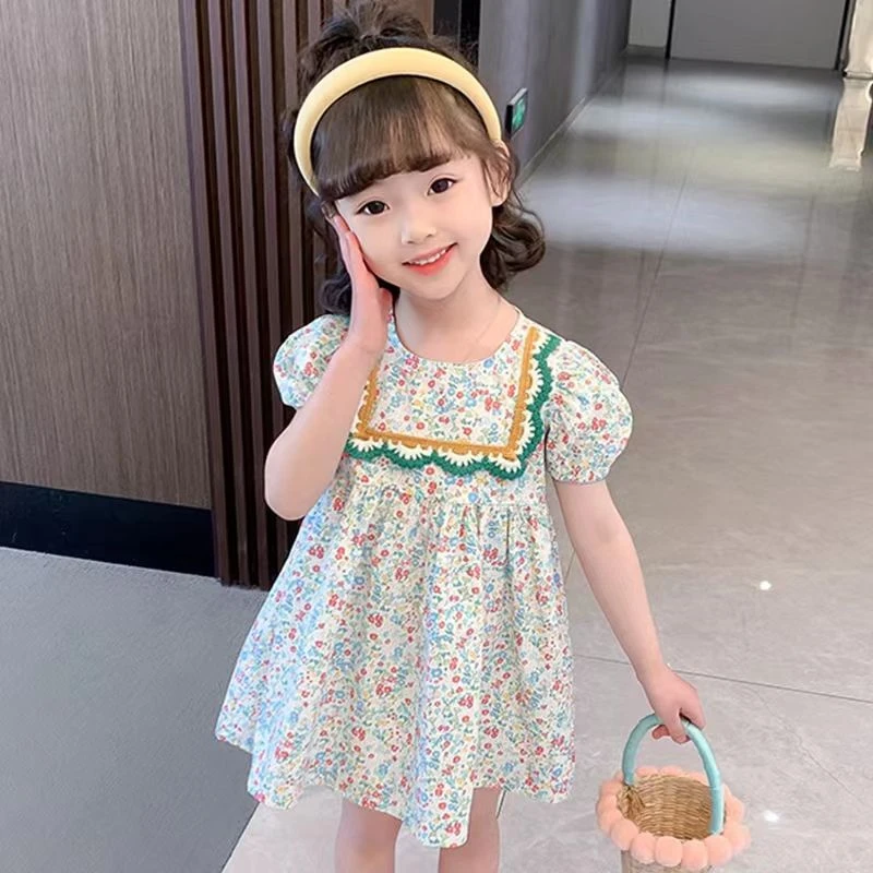 韩系小清新女童夏装连衣裙棉宝宝泡泡袖碎花裙子洋气公主裙儿童