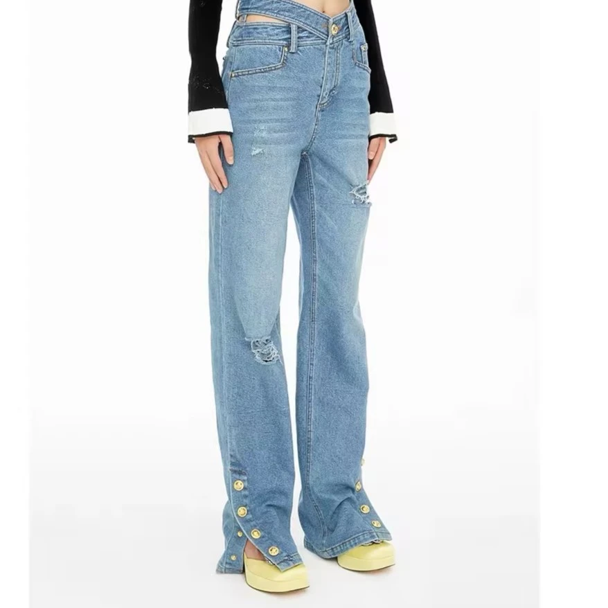LeFame/拉飞姆冬季时尚休闲蓝色女士破洞牛仔长裤LF22D12A02N108