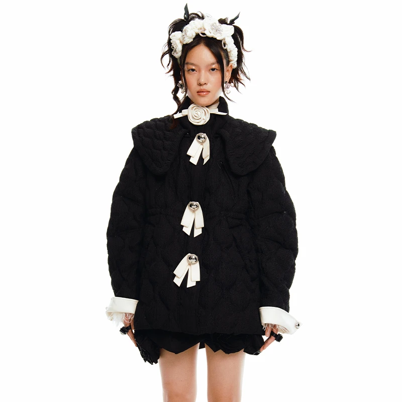 LeFame/拉飞姆冬季时尚黑色百搭大外套LF21D12C01B444蝴蝶结可拆