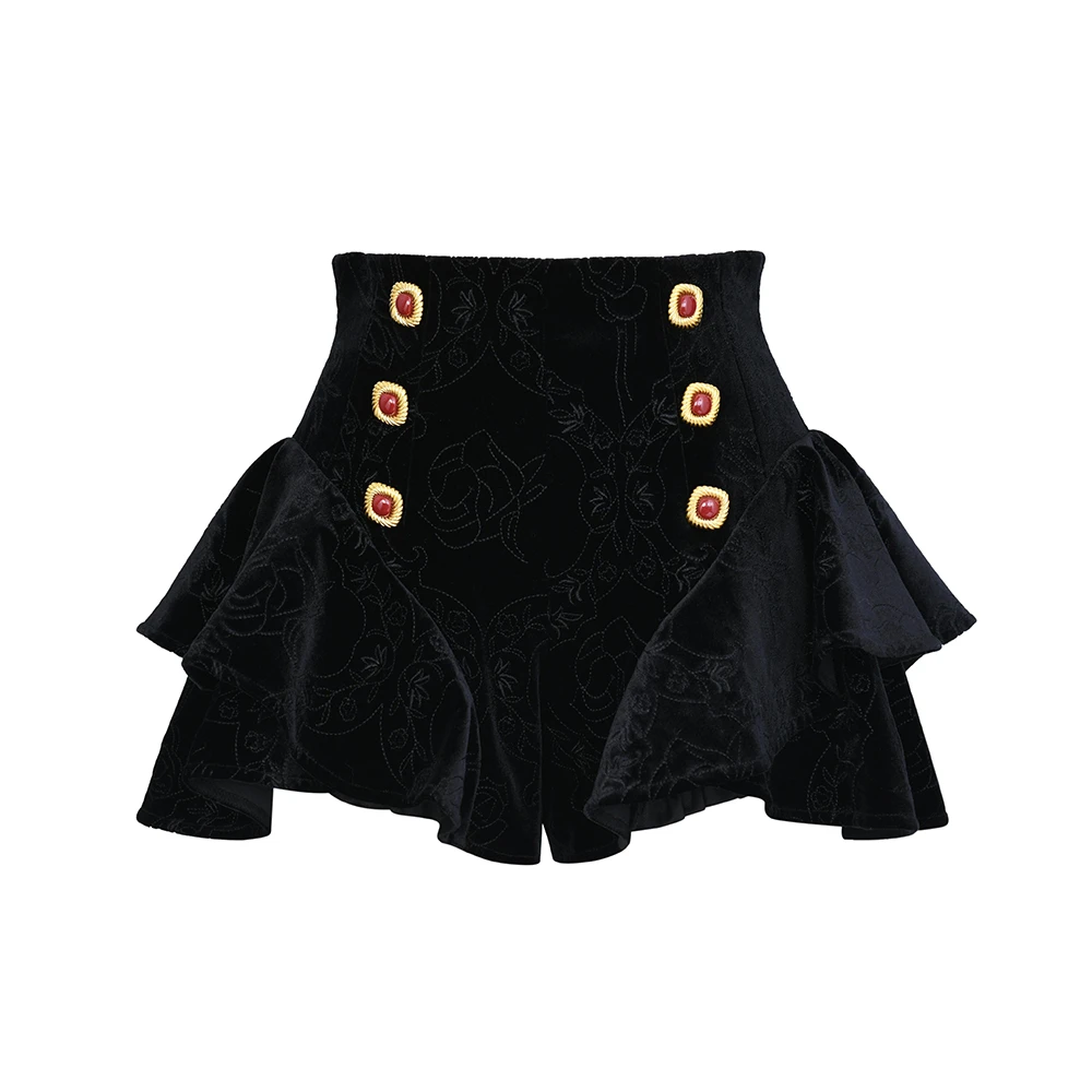 LeFame/拉飞姆黑色时尚气质复古丝绒绣花廓形短裤LF23D51SP016