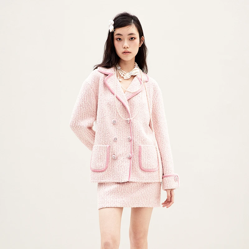 LeFame/拉飞姆春季复古摩登丝绒包边针织外套上衣LF25C11ZC001