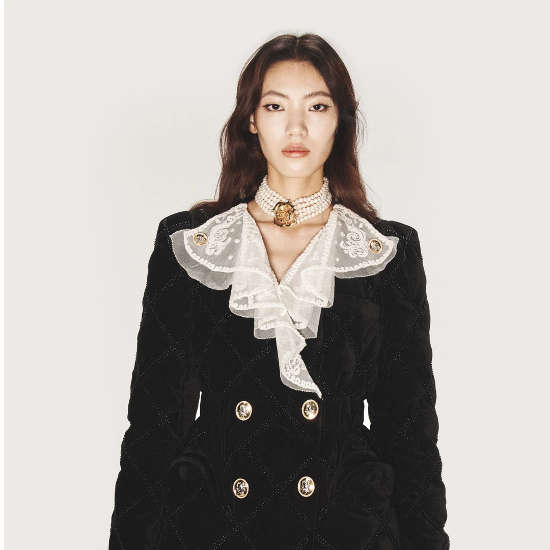 LeFame/拉飞姆冬季时尚气质黑色女装黑色拼接外套LF23D31DC150