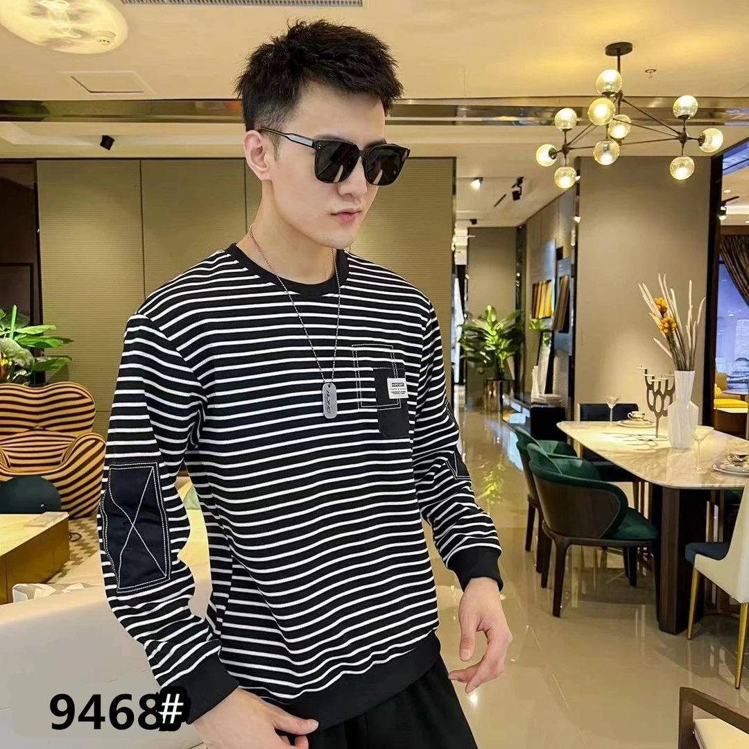 1119春秋季针织时尚休闲男士长袖潮流百搭圆领条纹卫衣高品质