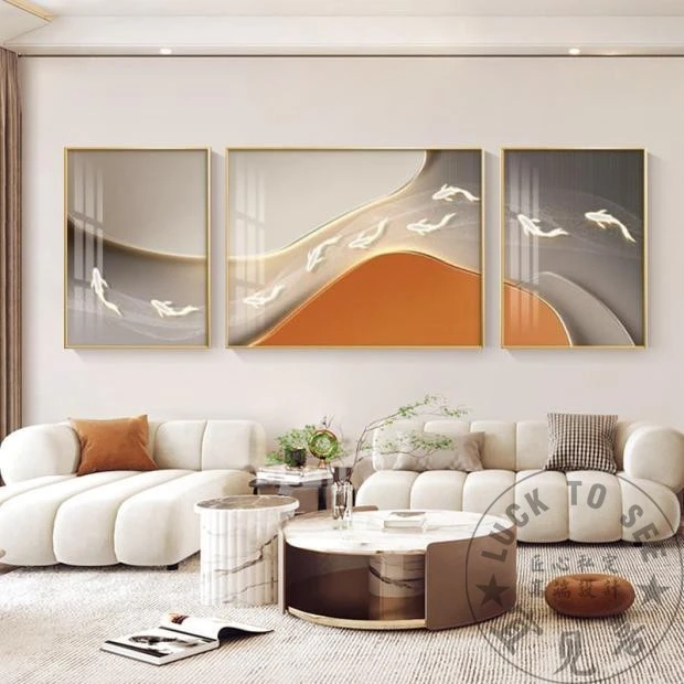 现代简约客厅装饰画九鱼图三联画轻奢沙发背景墙挂画高级感寓意画