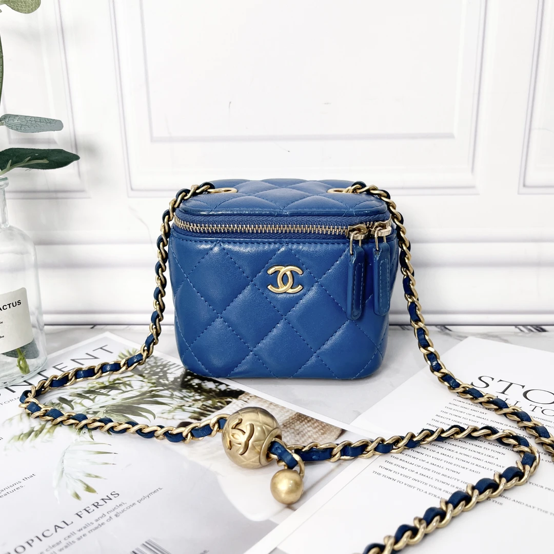 95新 Chanel/香奈儿 蓝色金球迷你方盒子单肩包盒子包