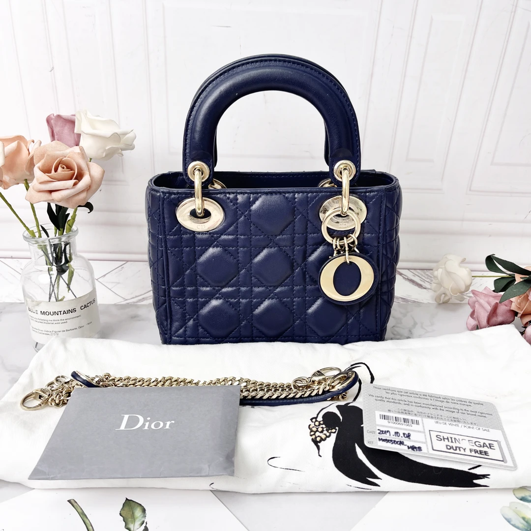 95新 DIOR/迪奥 蓝色三格迷你lady dior 戴妃手袋经典
