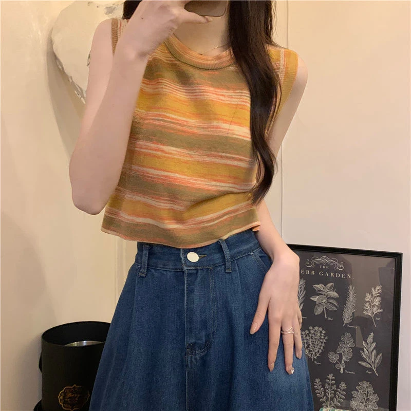 夏季新款短款女装针织衫拼色条纹设计感甜辣穿搭显瘦气质减龄上衣