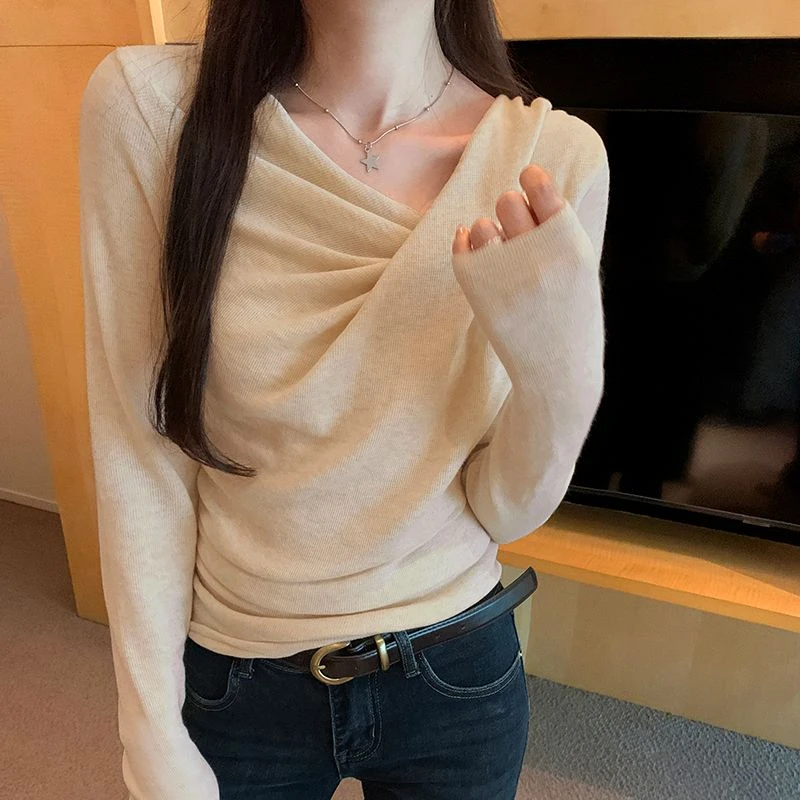 韩系温柔百搭针织衫女时尚设计感长袖V领小众洋气套头毛衣打底衫