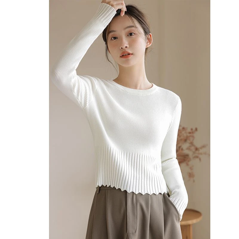 秋季女装新品法式气质温柔短款修身显瘦圆领长袖针织衫百搭上衣潮