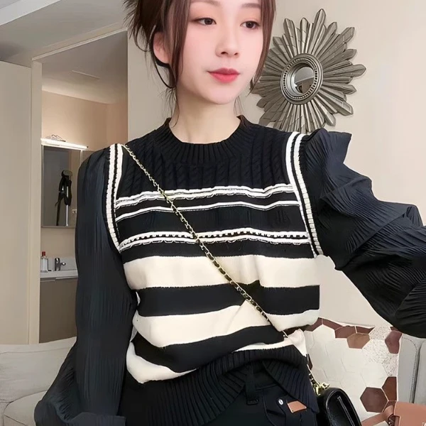 今年秋季新款时尚流行百搭显瘦宽松长袖针织衫女气质减龄撞色条纹