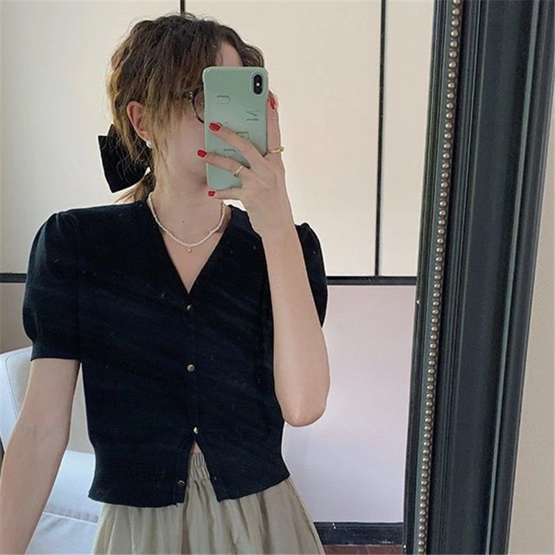 2025夏季小开衫外套女薄款泡泡袖上衣新款外搭短袖V领黑色针织衫