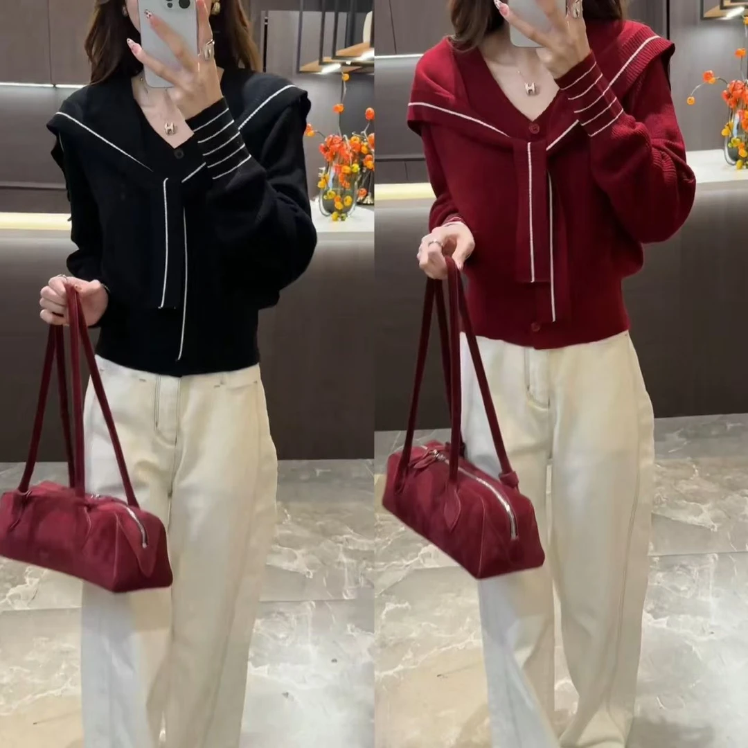 甜美百搭淑女风外套V领假两件设计感春秋季新款拼接撞色针织开衫