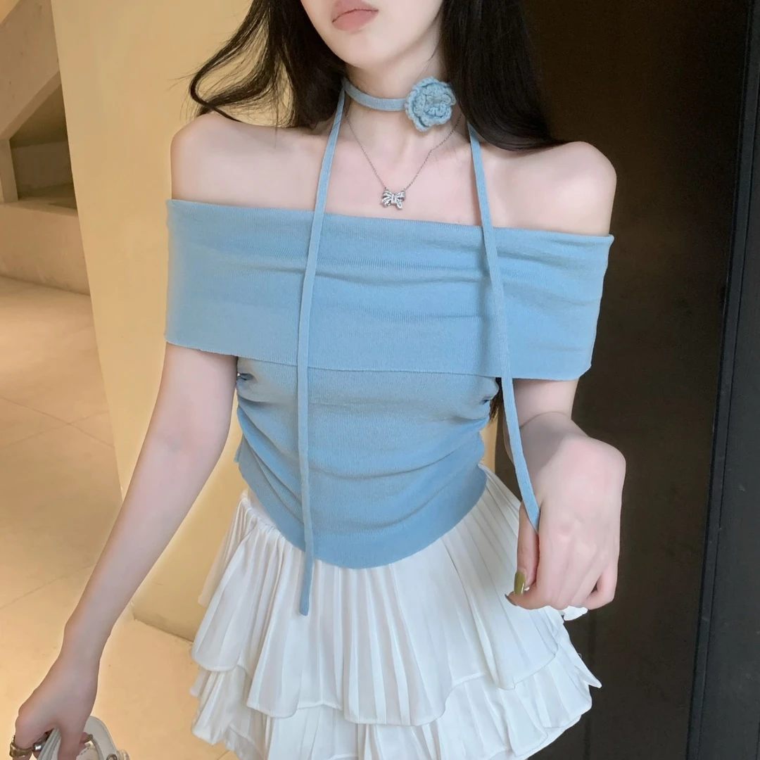 2025夏新款配小花修身侧压褶收腰短款小衫法式气质一字肩针织衫女